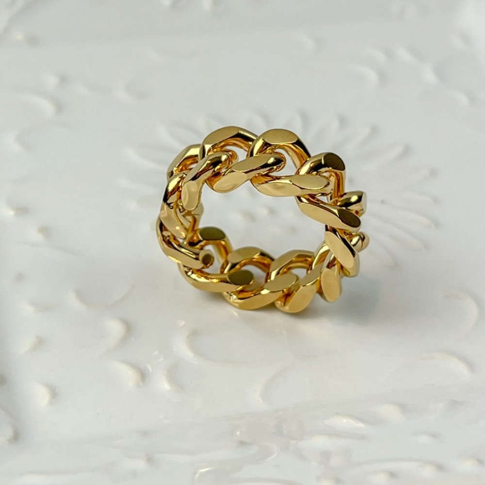 Gold Plated Cuban Chain Ring Gold Trendy Big Ring Size 7 - Picture 8 of 10